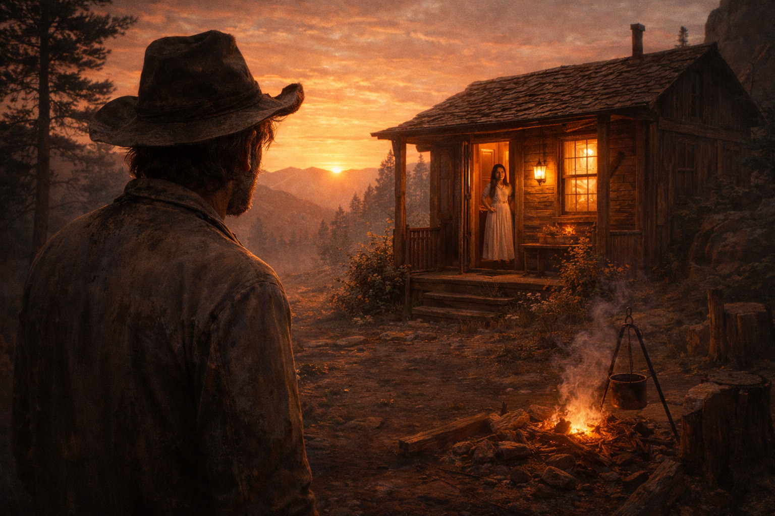 man looking at woman standing in the doorway of a small wooden cabin at evening time