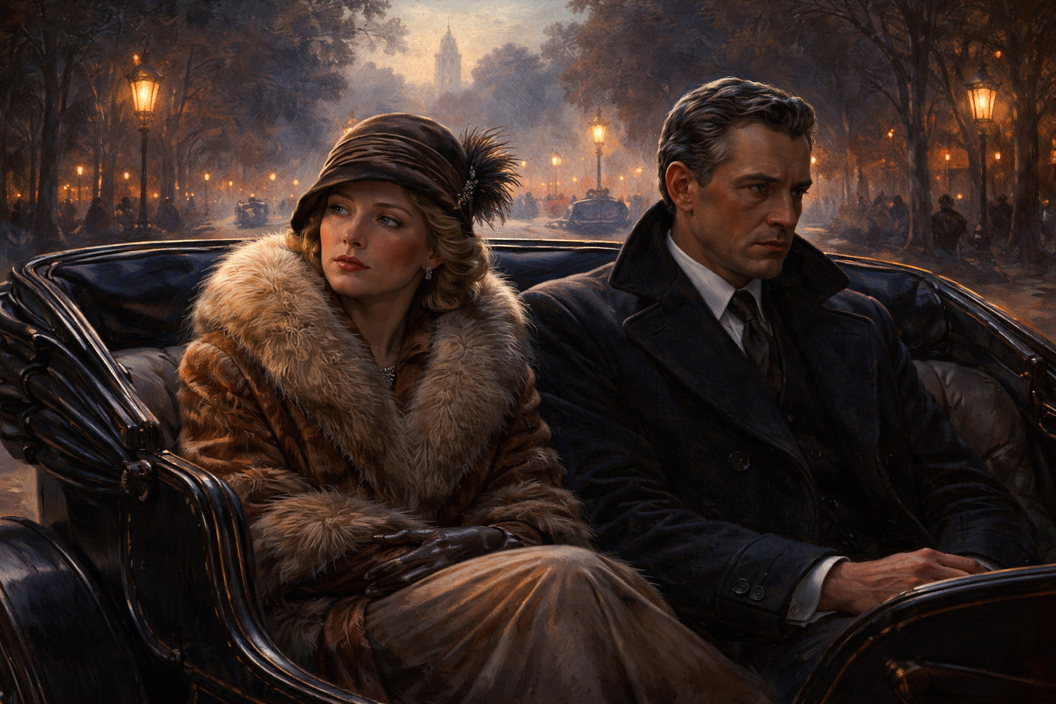 early 20th century couple in carriage at dusk