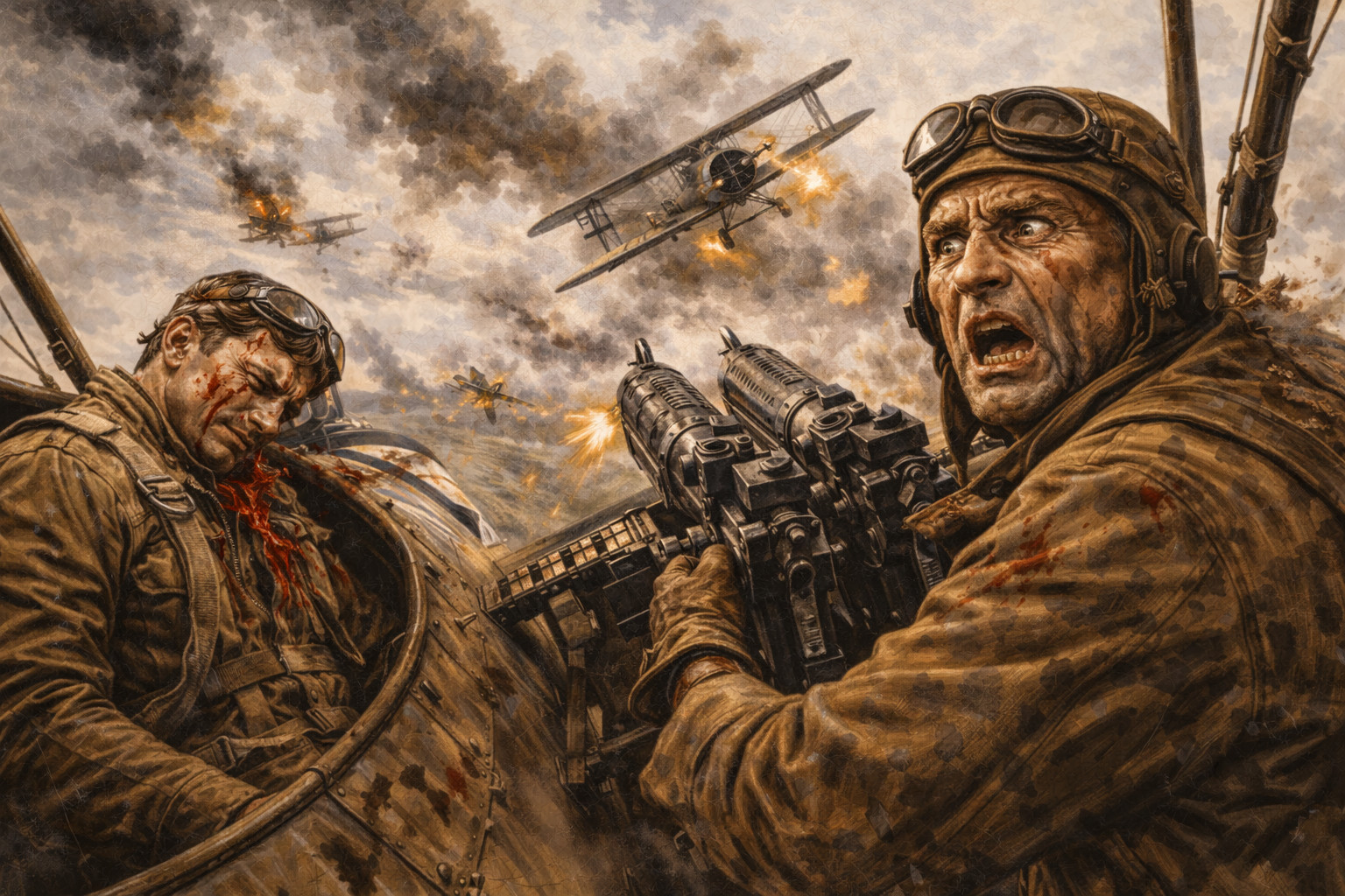 Dad Galladay in action as Buck Weaver sits wounded in biplane